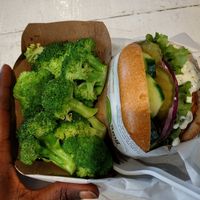 Tangy Tarter and regular broccoli at VeganBurg in San Francisco