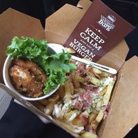 ";chicken"; and garlic fries with ";bacon"; at VeganBurg in San Francisco