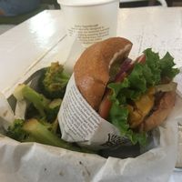 Smokey bbq burger with a side of broccoli at VeganBurg in San Francisco