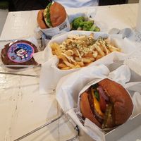 Burgers, garlic fries and cookie at VeganBurg in San Francisco