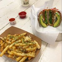 garlic fries and burger at VeganBurg in San Francisco