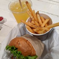 Make it a meal; mango lemonade, large seaweed fries, creamy shrooms burger with avocado and bacon at VeganBurg in San Francisco