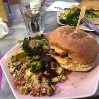 No bull burger and salad  at The Feel Good Cafe in East London