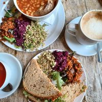 Houmous and red pepper sandwich and jacket potato and beans at The Leaf & Bean in Skipton