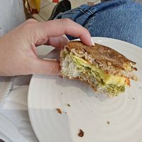Already started eating when I remember to take photo was really good! Pesto ciabatta with vegan cheese and sundries tomatoes at Bobby's Sandwich Bar in Edinburgh