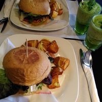 Burger and patatas bravas at The Mantraa in Barcelona