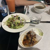 Mushroom soup + summer breeze salad + grilled japanese mushrooms  at The Mantraa in Barcelona
