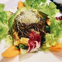 Japanese noodles and salad  at The Mantraa in Barcelona