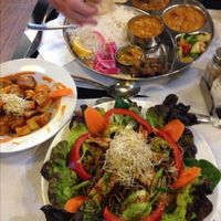 Soba noodle salad, curry and patatas bravas at The Mantraa in Barcelona