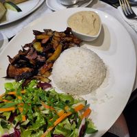 Rice, salad, aubergine, mushroom and houmous at The Mantraa in Barcelona