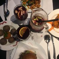 patatas canarias, patatas bravas, vegan sausages, vegetal burger, sangria ❤️ at The Mantraa in Barcelona