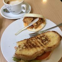 Two pintxos and a cafe con leche de avena  at Crock and cock in Bilbao