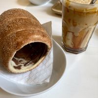 Trdelník with vegan chocolate + iced coffee with oat milk   at MLS Creperie in Cesky Krumlov