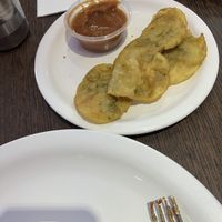 Fried pastry with chutney.  at Chai Paani in Leicester