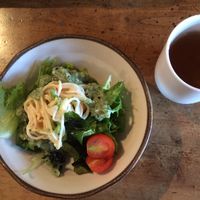 Complimentary salad and tea at Veggie Syokudo Funadeya in Fukuoka