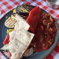 Veg platter with stew and rice (not mash).   at Food House in Mostar