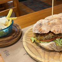 Vegan lentil burgerrs  at Casa Alongos in Melide