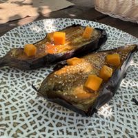 Miso roasted aubergine with squash  at Casa Alongos in Melide