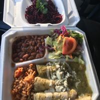 Enchiladas verde (with rice, beans, and salad) and shredded beet salad at Viva Vegeria in San Antonio