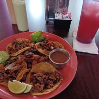 Tacos al carbon with watermelon agua fresca at Viva Vegeria in San Antonio