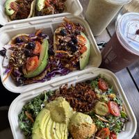 tacos, bacon mustard bowl, jamaican mojito and brazillian smoothie  at Leahi Health - Kaimuki in Honolulu