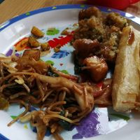 Chef’s Special Noodles, mogo chips, Manchurian with sauce,  at Indigo in Leicester