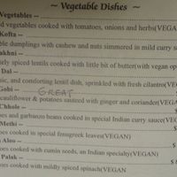 Vegan menu at Taj Grill. at Taj Grill in Vallejo