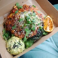 Takeaway corn fritters. Crispy kale hidden underneath. Soo good at Blendlove in Southport