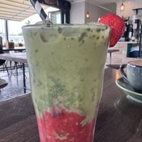 Iced strawberry matcha on soy milk  at Blendlove in Southport