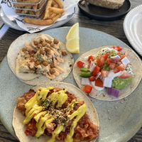 Trio of tacos, side of fries, PB oat bar  at Blendlove in Southport