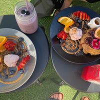 Pancakes and purple protein smoothie at Blendlove in Southport
