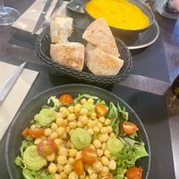 Chickpea salad and vegetable soup at Ultreia Cafe and Alburgue in Arzua