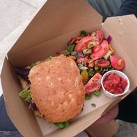 Chickpea, beetroot and carrot burger and homemade chips at The Wallflower Cafe in Herne Bay