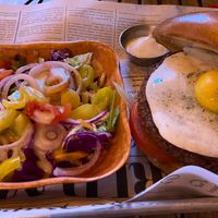 Vegan burger + vegan egg   at Shuffle Pub in Tel Aviv