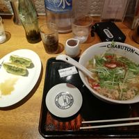 Ramen and gyoza (half of the gyoza already eaten) at Chabuton in Kyoto