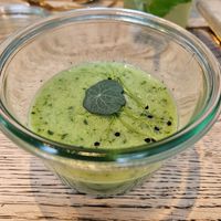 Cucumber soup with sour creme & microgreens at Kunstküche in Krefeld