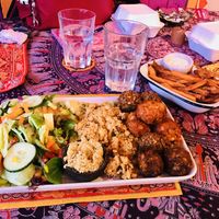 Mezze plate with sweet potato fries at Cafe Shanti in Lincoln