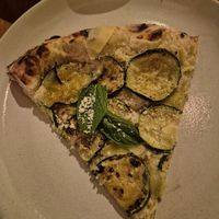 Zucchine $27.00
Almond ricotta, roast zucchini, garlic, mint, vegusto piquant, green vie parmesan: great crust, bit bland at Gigi Pizzeria in Newtown