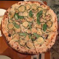 Zucchine $27.00
Almond ricotta, roast zucchini, garlic, mint, vegusto piquant, green vie parmesan: great crust, bit bland at Gigi Pizzeria in Newtown