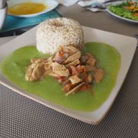 main course with pea sauce and fake meat at Muya Vegan Cafe - Maybe closed in Trujillo