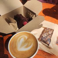 Vegan flapjack, chocolate cake and oat milk at Caffeine & Co in Manchester