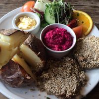 Rissoles and beetroot houmous  at Caudwell's Mill Craft Centre in Rowsley