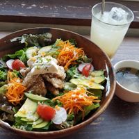 Buddah bowl, soup, ginger ale at Veg Out in Kyoto