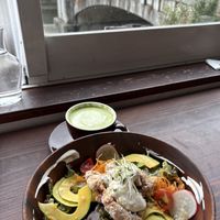 Buddha bowl, I think it was some kind of soy chicken? Plenty of rice under there and fresh salad   at Veg Out in Kyoto