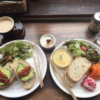 Avocado toast, breakfast plate and soy latté at Veg Out in Kyoto