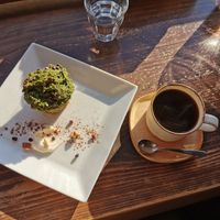Matcha choc chip muffin and daily drip coffee at Veg Out in Kyoto