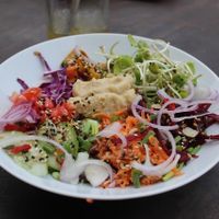Fresh bowl, delicious. Garlicky tahini dressing at VegetaBowl in Koh Tao