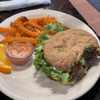 Garden burger and sweet potato fries. Yum!  at The Tin Thistle Garden Cafe in North Bend