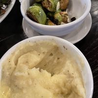 Garlic mashed, a must have. Brussels perfectly cooked  at The Tin Thistle Garden Cafe in North Bend