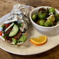gyro special with roasted brussel sprouts.  at The Tin Thistle Garden Cafe in North Bend
